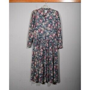 VTG 80s Laura Ashley GB Cotton Wool Green Floral Maxi Cottagecore Dress Sz 12